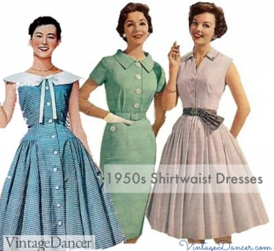 1950s shirtwaist dresses. Popualr style for day or house dresses. Shirt dresses came in swing skirt or fitted styles. VintageDancer.com