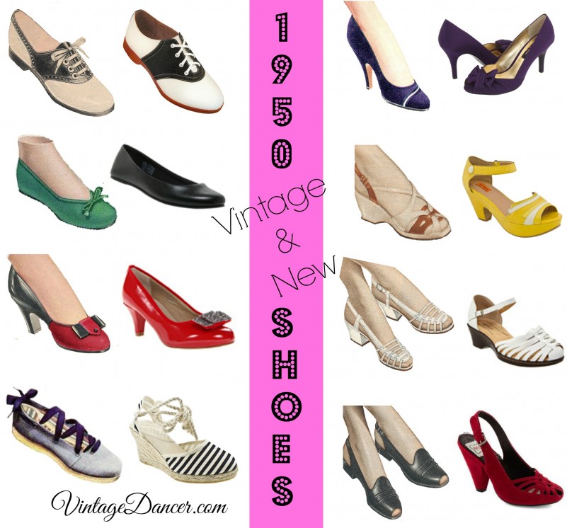 1950s style shoes, new 1950s shoes for sale. Compared vintage 1950s and new retro 50s shoes. What kind of shoes did women wear in 1950?