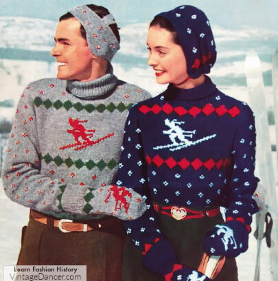 1950s ski sweater women and men 1950s men's winter fashions