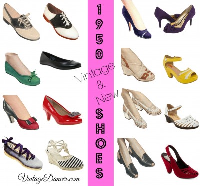1950s style shoes comparing vintage and new vintage inspired styles. Shop at VintageDancer.com/1950s