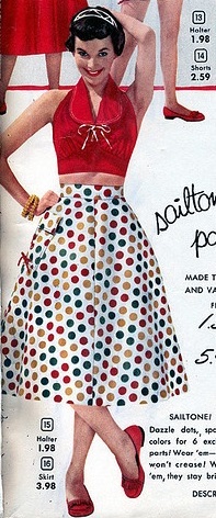 1950s polka dots skirt and red sailor top outfit. Click to see more summer outfits.