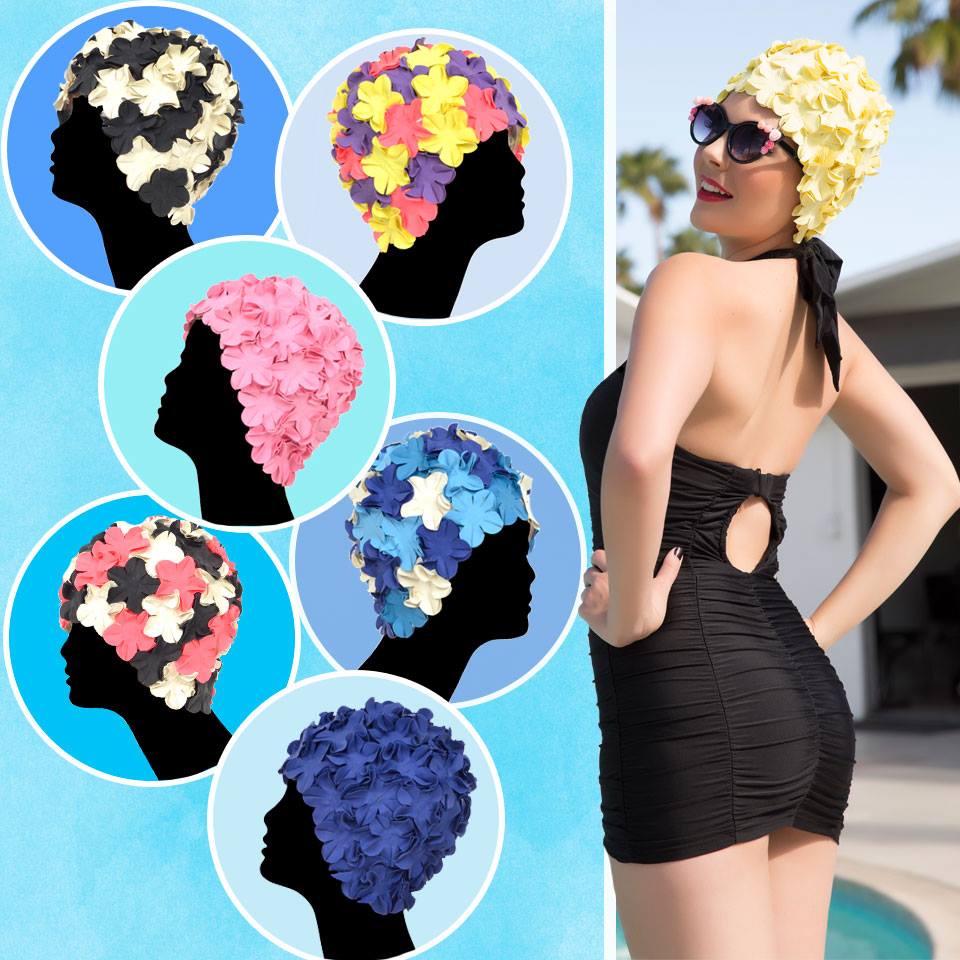 WOMENS BLACK VINTAGE STYLE MEDIFIER FLORAL LACE SWIMMING CAP 