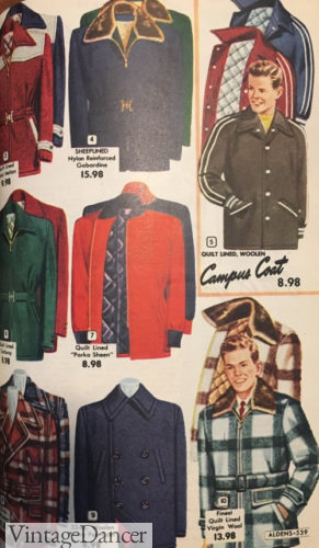 1954 teen boy men winter jackets, plaid bombers with fur collars, belted wool jackets