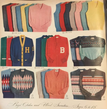 1956 boys V neck sweaters, sweater vests, Varsity cardigans, and nordic print pullover sweaters.
