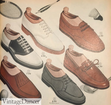 1956 men's saddle shoes, white bucks, moc toe and slip on shoes