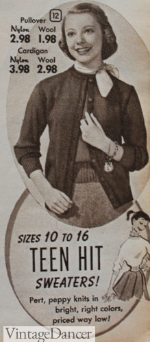 1950s teen fashion - Twin set cardigan sweater with neck scarf