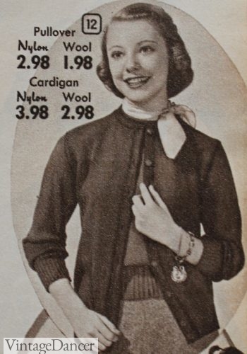 1950s teen wearing a twin set sweater, neck scarf and charm bracelets at VintageDancer