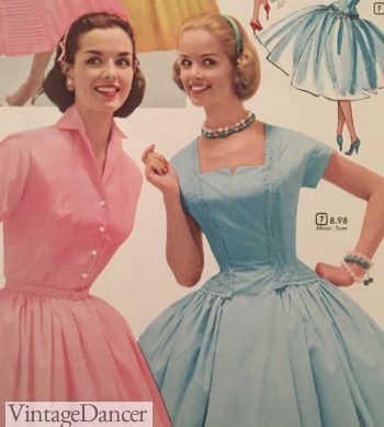 1950s jewelry - Turquoise and white bead necklace, bracelets and earrings compliment the blue dress. The girl in pink wears large button earrings, 