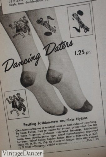 Dancing socks offered by Alden's with music-themed graphics at VintageDancer