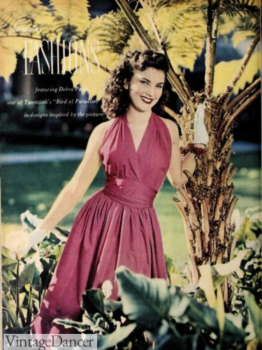 1950s Halter dress Halter top dress in pink magenta 1951 Debra Paget poses in a halter dress