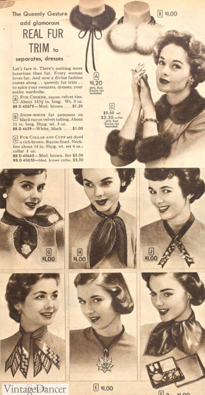 1952 small neck scarves of silk, chiffon, wool and fur