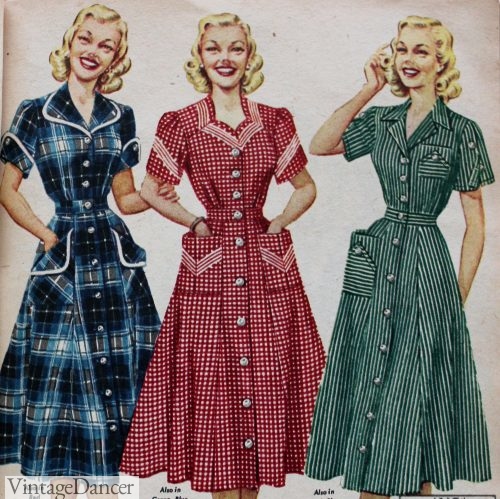 1950s house dresses: 1952 plaid, dots and stripes with contrast trim and buttons
