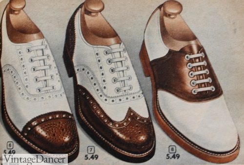 1952 mens brown white shoes two tone cap toe, wingtip and saddle shoes