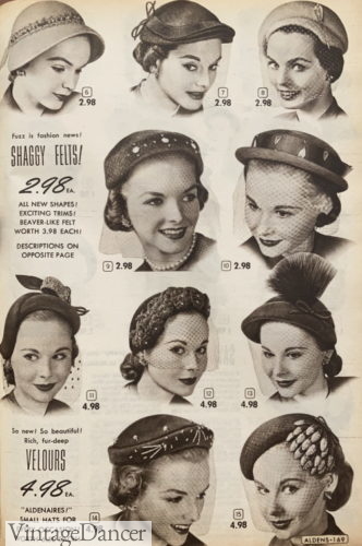 1950 Shaggy Felts and Velour Hats women 50s 1953