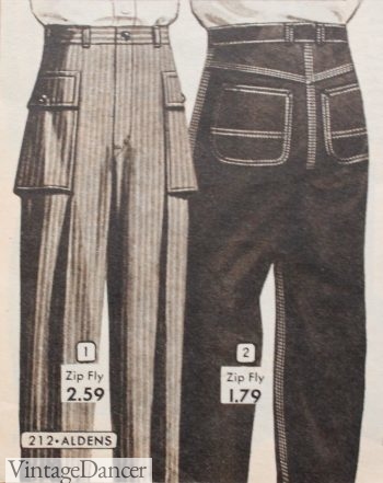 1953 rare striped denim cargo pants and blue jeans with contrast stitching. 