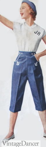 1950s women sailor pants capri pedal pusher pants with anchor themed motif.