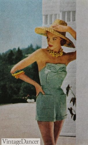 1954 sun hat and gingham baby doll swimsuit