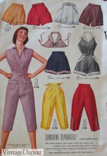 1954 Women's casual, sporty clothes : coverall playsuit, shorts, halter tops and capri pants in summer colors