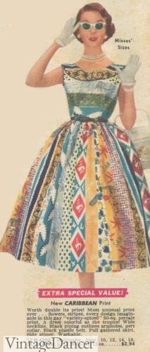 1955 Caribbean print tropical dress, vacation cruise outfit