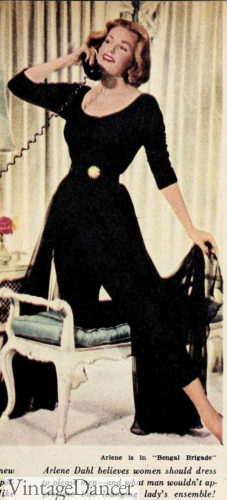 1950s hostess dress over pants outfit