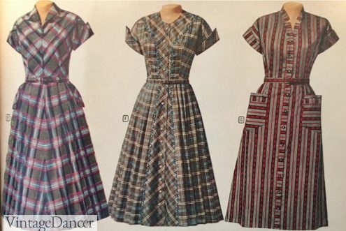 1955 plaid shirtwaist dresses with cuffed short sleeves