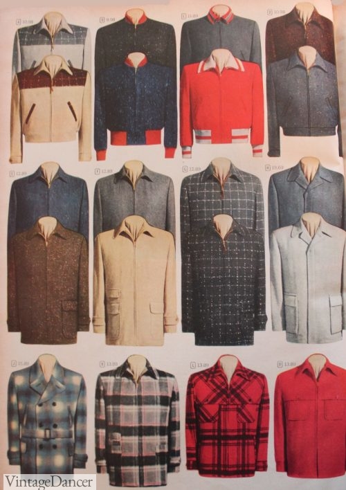 1955- Men's bomber jacket (top), mackinaw jacket (lower two rows)