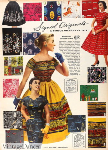 1950s art print fabrics dresses - 1955 American Artists prints