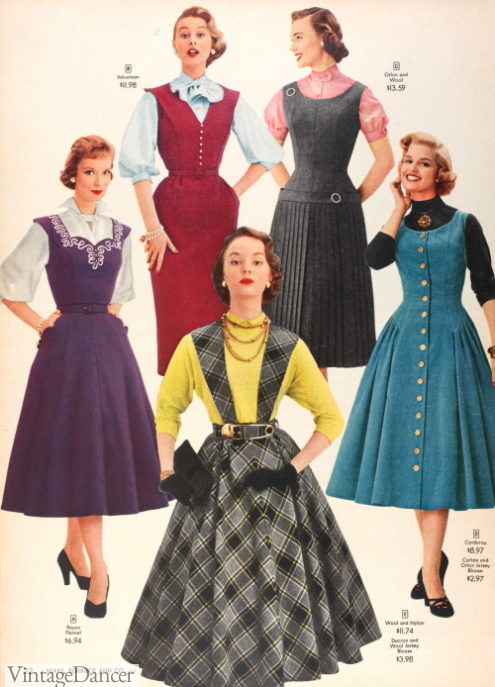 1950s womens fashion, girls 1955 jumper dresses (pinafore) worn over blouses