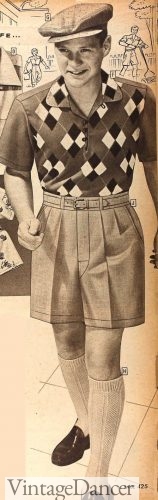 1955 men's shorts, argyle polo shirt, tall socks and flat cap