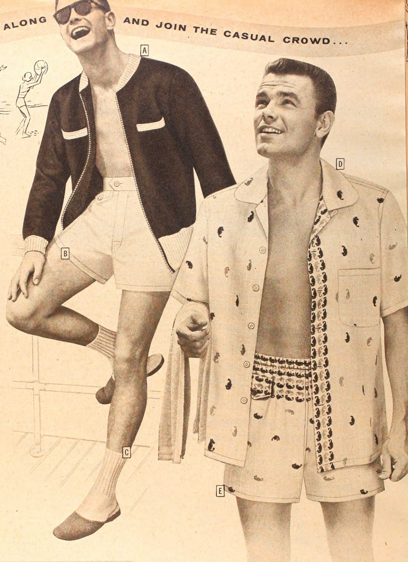 Vintage Men S Swimwear History 1930s 1940s 1950s   1955 Men Swim Cabana Set With Seahorses 