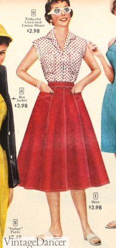 1950s denim skirt red western California them skirt with polka dot top