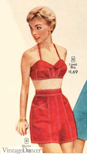 1955 red denim shorts with contrast stitching