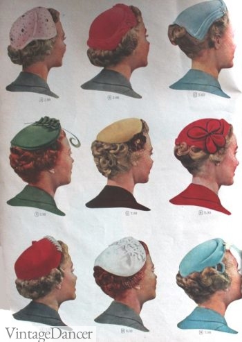 1950s hats for women, 1955 Juliette caps frame the crown but leave the short hairstyles exposed