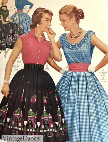 1956- a gathered skirt (left) creates fullness around the hip. A wide cinch belt brings in the waist. 