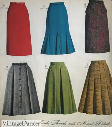 1950s skirt shapes pencil skirts, fishtail skirts, gored skirts, pleat skirts for fall and winter autumn fashion history