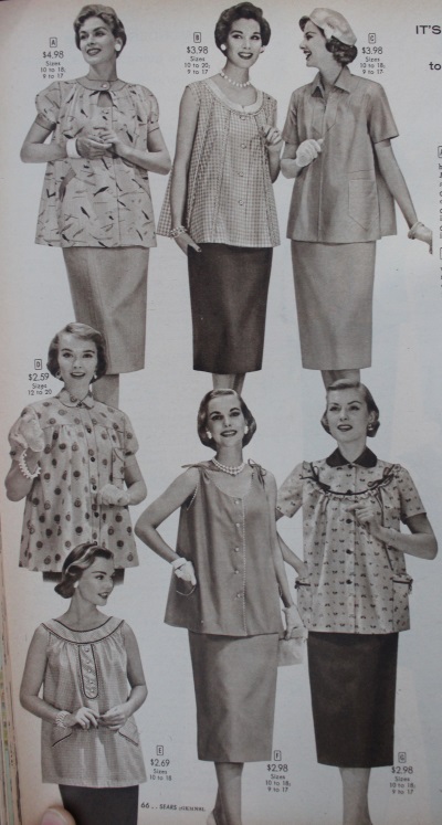 1950s maternity clothes- smock tops and skirts