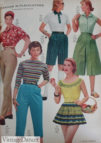1956 shorts and pants. top right is a pair of green pedal pushers and middle shorts are Bermuda length. Teal capri and tan cigarette pants complete this catalog of sportswear bottoms.