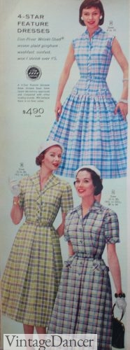 1950s house dresses, plaid shirtwaist dresses in spring colors