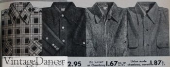 1956 work shirts in plaid denim, blue denim, zip up covert, and chambray