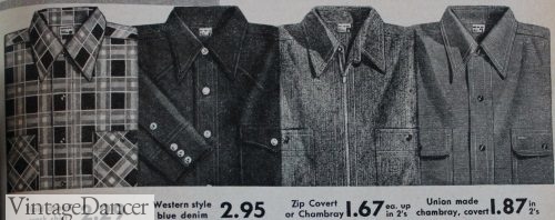 1956 work shirts in plaid denim, blue denim, zip up covert, and chambray