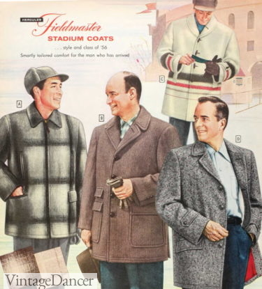 1956 suburban coats or stadium coats- blanket cloth, plaid wool, tweeds
