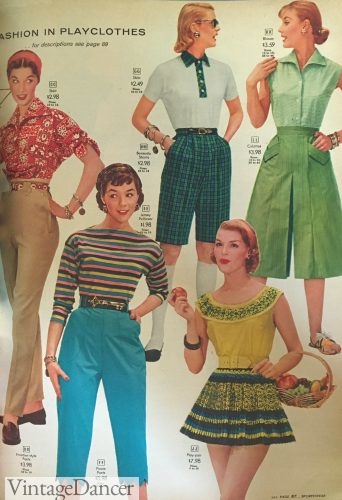 Vintage vacations clothing. 1956 summer outfits, casual styles. Click to see more.