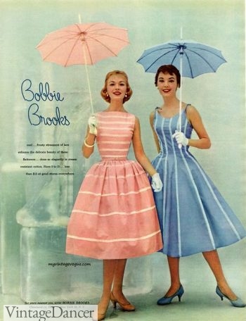 1956, small carriage umbrellas or parasols match Bobby Brooks dresses