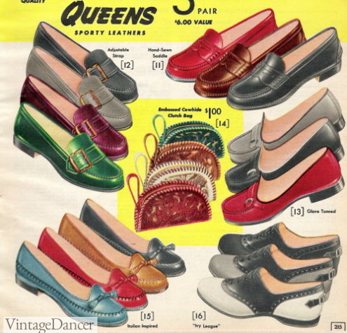 1957 loafers, flats and saddle shoes teens girls college shoes