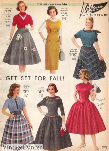 1957 Teen dresses, skirt and top separates and a yellow jumper dress