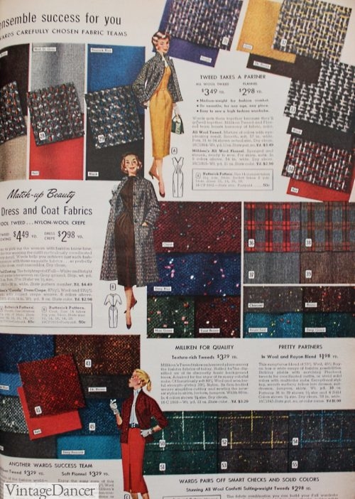 1950s winter fabrics, 1957 wool tweeds fabrics. More at VintageDancer,ciom