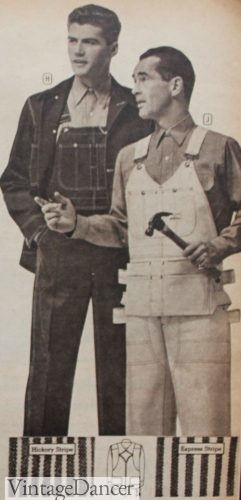 1950s mens workwear. 1957, men slim fitting overalls- plain denim, striped, or white