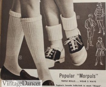 1957 White socks in knee high and thick "tipple roll" styles