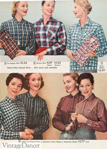 1950s Long sleeve plaid shirts women fall winter workwear styles casual fashion 50s 1957