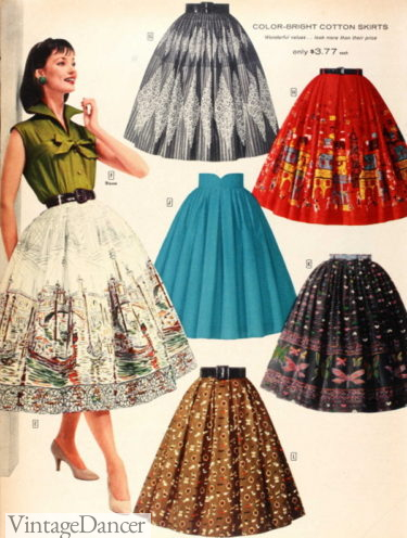 1950s swing skirts, bright prints history and styles | 1950s skirts ad from VintageDancer